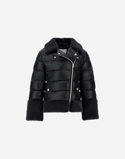 BIKER JACKET IN NYLON ULTRALIGHT AND LADY ALTERNATIVE FUR Black