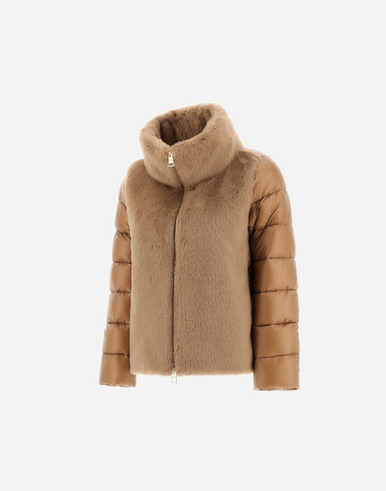 CAPE IN NYLON ULTRALIGHT AND LADY ALTERNATIVE FUR Camel