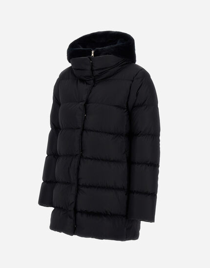 A-SHAPE JACKET IN SATIN AND LADY ALTERNATIVE FUR Black