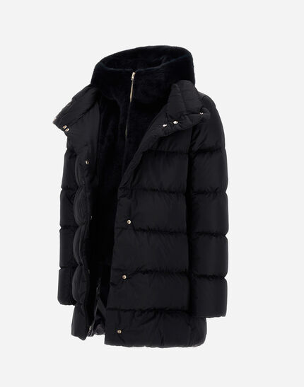A-SHAPE JACKET IN SATIN AND LADY ALTERNATIVE FUR Black