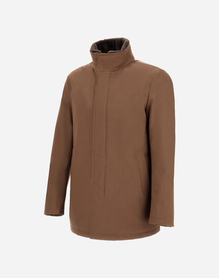 CARCOAT IN WOOLEN MELANGE TWILL AND LIGHT FAUX FUR Tobacco