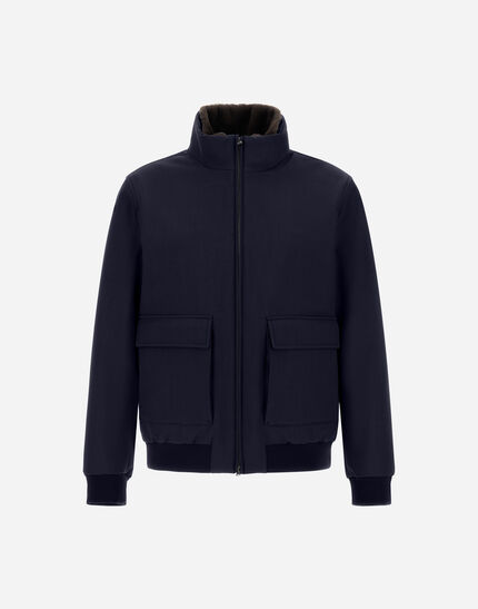 BOMBER JACKET IN WOOLEN MELANGE TWILL AND LIGHT FAUX FUR Navy Blue