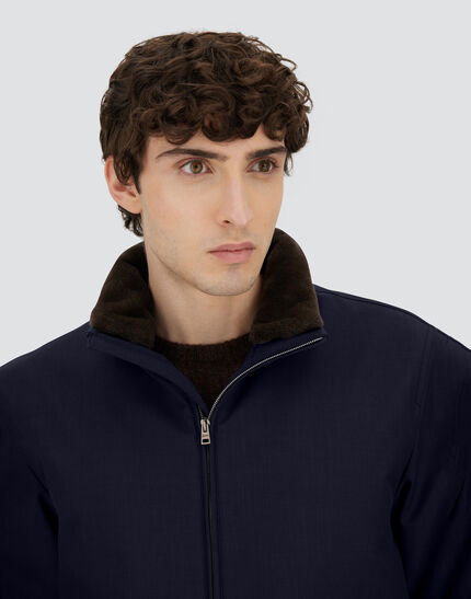 BOMBER JACKET IN WOOLEN MELANGE TWILL AND LIGHT FAUX FUR Navy Blue