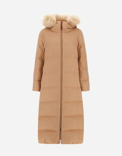 LONG JACKET IN CASHMERE, SILK AND MONOGRAM Camel