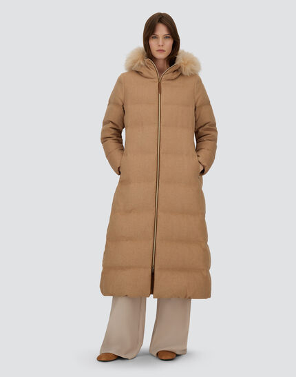 LONG JACKET IN CASHMERE, SILK AND MONOGRAM Camel