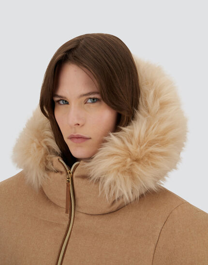 LONG JACKET IN CASHMERE, SILK AND MONOGRAM Camel