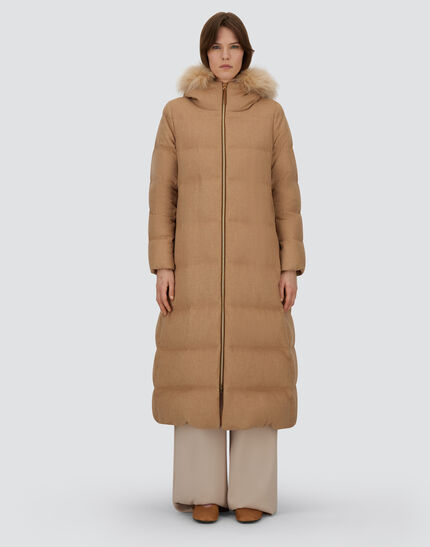 LONG JACKET IN CASHMERE, SILK AND MONOGRAM Camel