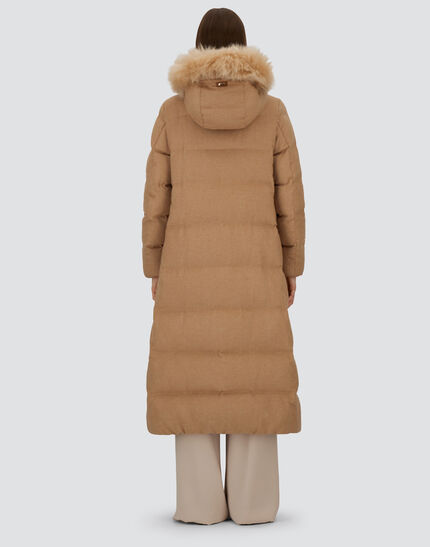 LONG JACKET IN CASHMERE, SILK AND MONOGRAM Camel