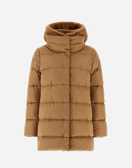 A-SHAPE JACKET IN SATIN AND LADY ALTERNATIVE FUR Camel