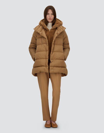 A-SHAPE JACKET IN SATIN AND LADY ALTERNATIVE FUR Camel