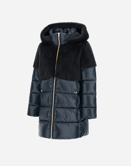 A-SHAPE JACKET IN NYLON ULTRALIGHT AND LADY ALTERNATIVE FUR Navy Blue